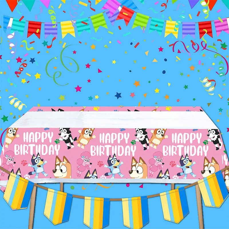 Bluey Pink Themed Cartoon Tablecloth  Bingo Dog Birthday Anime Celebration for Baby Shower Party Supplies Decoration Accessories