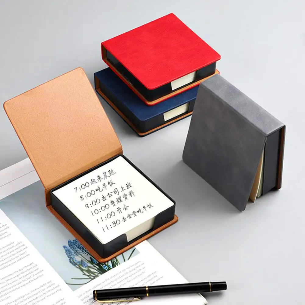 Desk Organizer with Note Paper Note Box with Grooves Imitation Leather Sticky Notes Holder with Lid Cover Name Cards Organizer