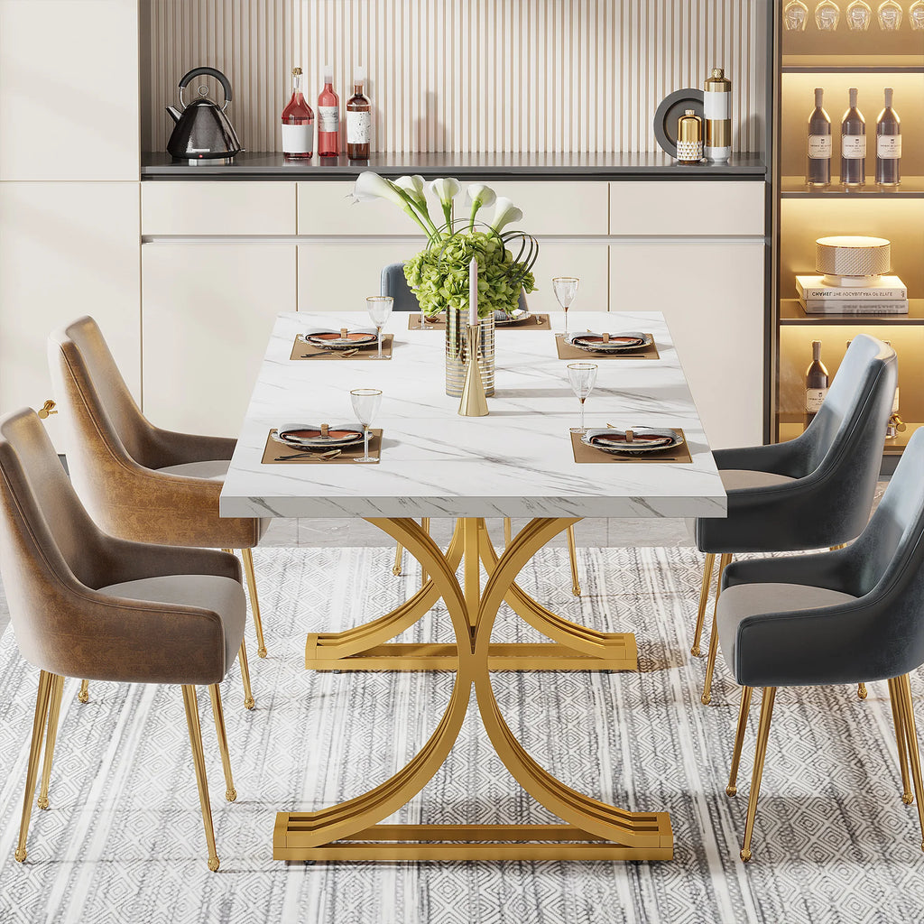 63-Inch Faux Marble Dining Table, White