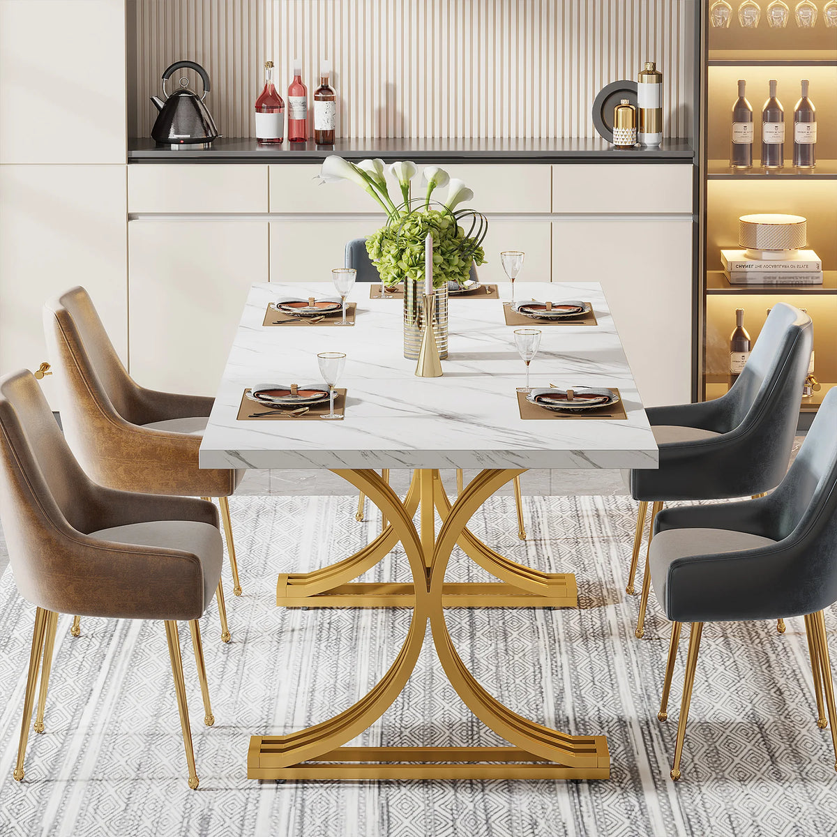 63-Inch Faux Marble Dining Table, White