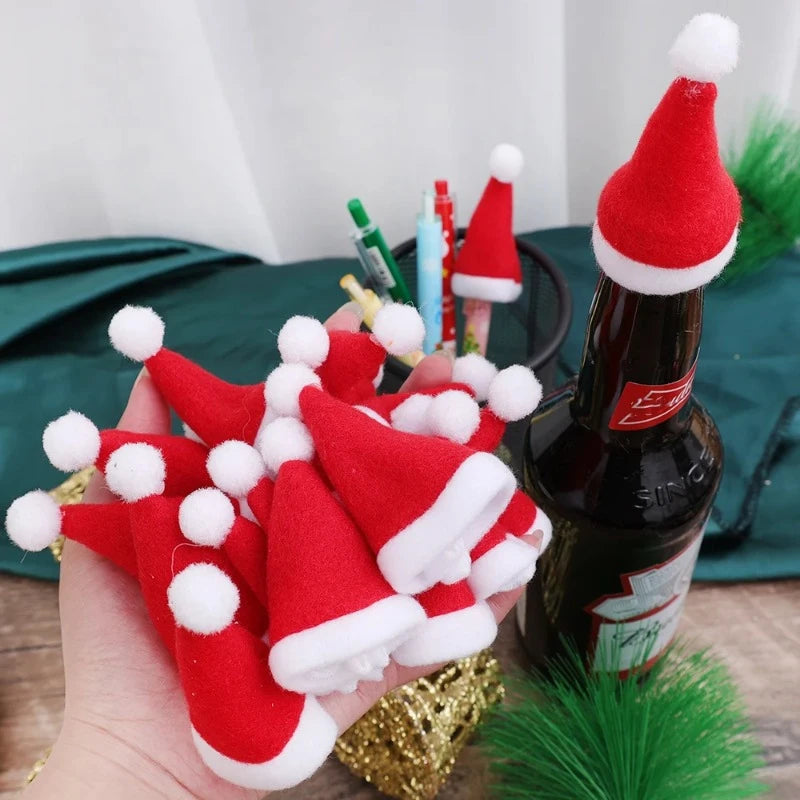 5-200Pcs Mini Santa Hat Non-Woven Fabric Lollipop Cap Christmas Wine Bottle Covers Xmas Bottles Holder Table Dinner Decorations