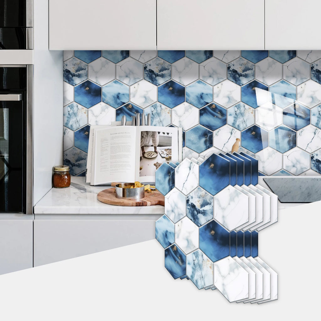 5 Styles Flat Hexagon Marble Embossing Tile Wall Stickers Oil-Proof Kitchen & Bathroom Washbasin Glossy Surface Decorative Mural