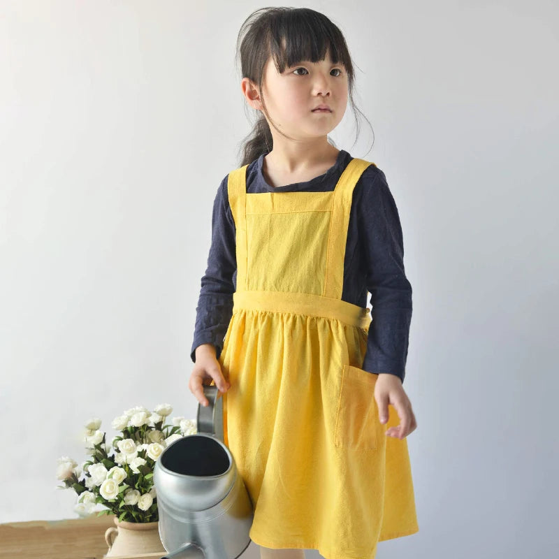 Kids Apron Adjustable Chef Apron Cotton Cooking Soft Comfort Pinafore Apron with 2 Pockets for Children Baking