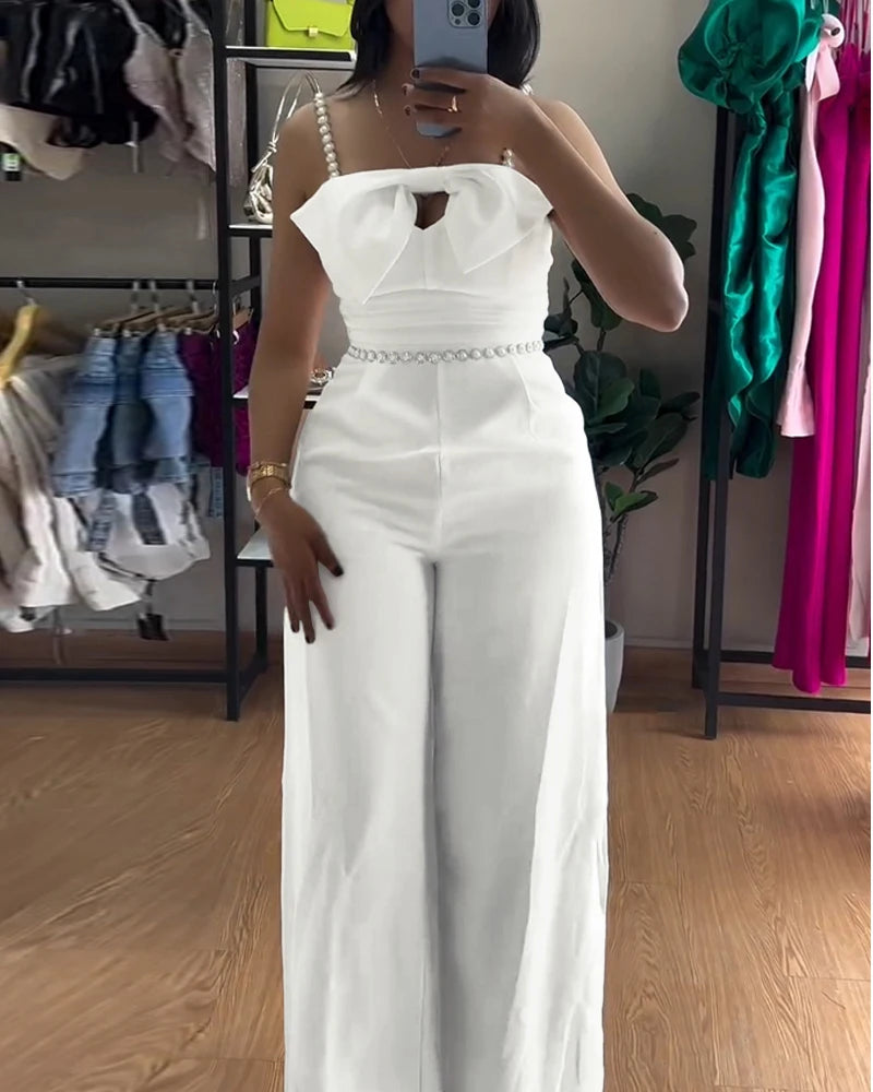 Jumpsuit Women 2025 Spring New Bandeau Beaded Spaghetti Strap Bowknot Design Ruched Slim Fit Jumpsuit Elegant Wide-Leg Overall