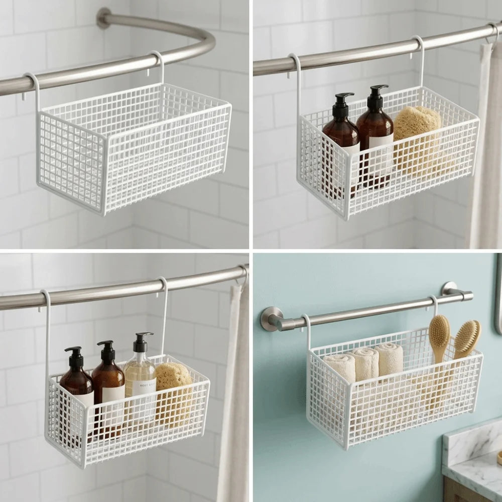 Home Storage Hollow Hanging Storage Rack Iron Holder Bedside Hanging Basket No Drill Large Capacity Space-Saving Shelf Bathroom