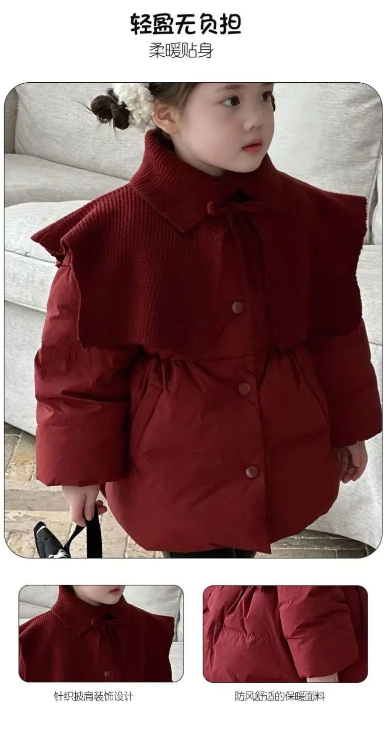 Beige/Red Girls Baby Winter Coats Knitted Shawl Thick Warm Jackets Fashion Kids Children Princess Clothes Overcoats Outerwear