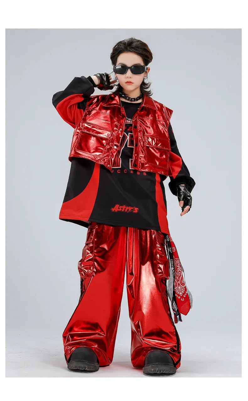 Boys Hip Hop Sweatshirt Shiny Vest Street Dance Cargo Pants Girls K-pop Clothes Set Kids Jazz Red Costumes Children Streetwear