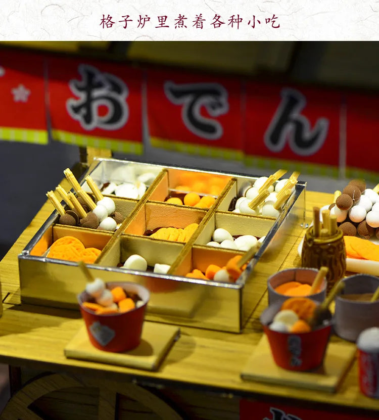 16 DIYJapanese Chinese style handmade wooden doll house Oden cooking car stall creative birthday gift collector decoration