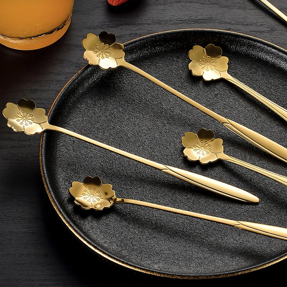 Flower Shape Coffee Spoon Gold Stainless Steel Dessert Spoon Ice Cream Scoop Tableware Kitchen Accessories