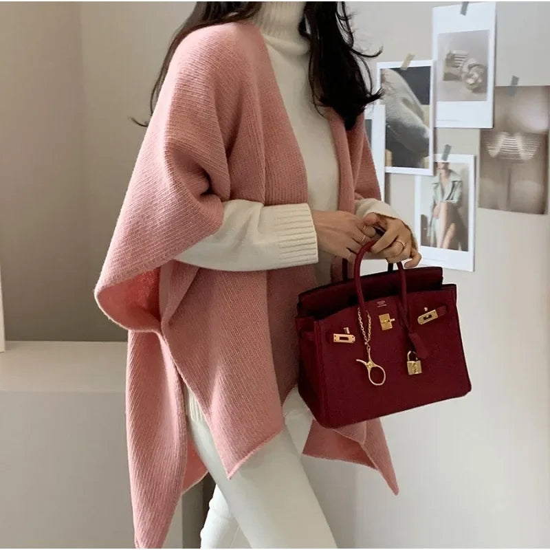 Korean Style Knitted Shawl Jacket Women's Casual Warm Knitted Cardigan Cloak Elegant Solid Color Women's Knitted Cardigan