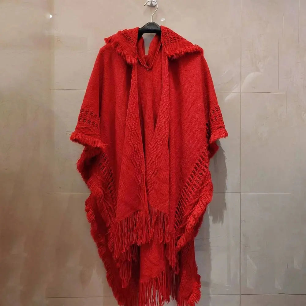 Luxury Elegant Cloak Hooded Knitted Shawl Bohemian Winter Warm Ladies Tassel Cape Oblique Stripe Wraps Scarf Coat