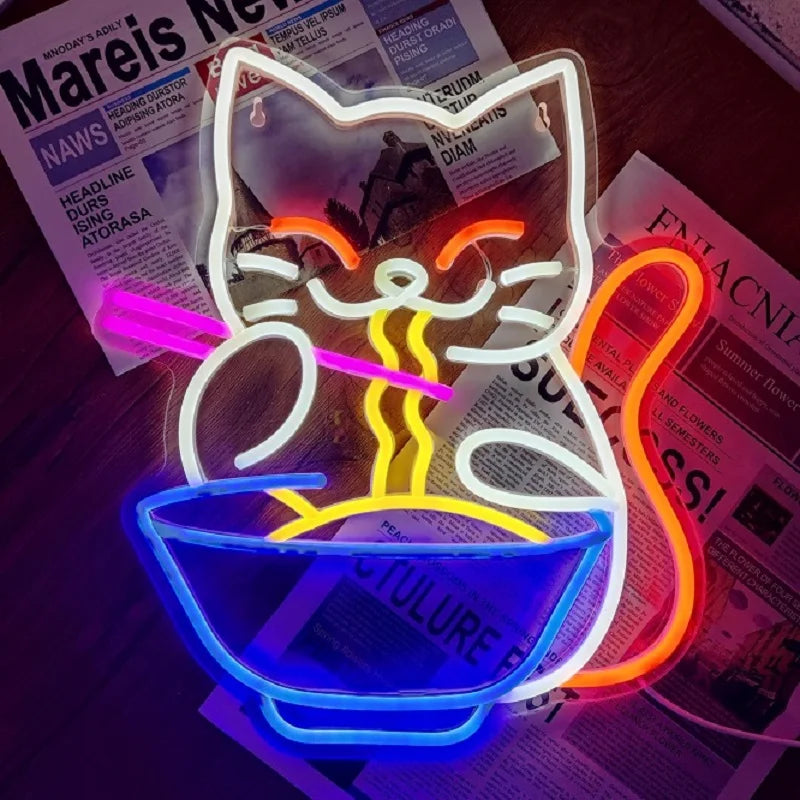 Ramen Cat Neon Sign, Bright LED for Restaurant and Cafe Decor, Japanese Kitchen Wall Art, Cat Lover Gift, Party Decoration