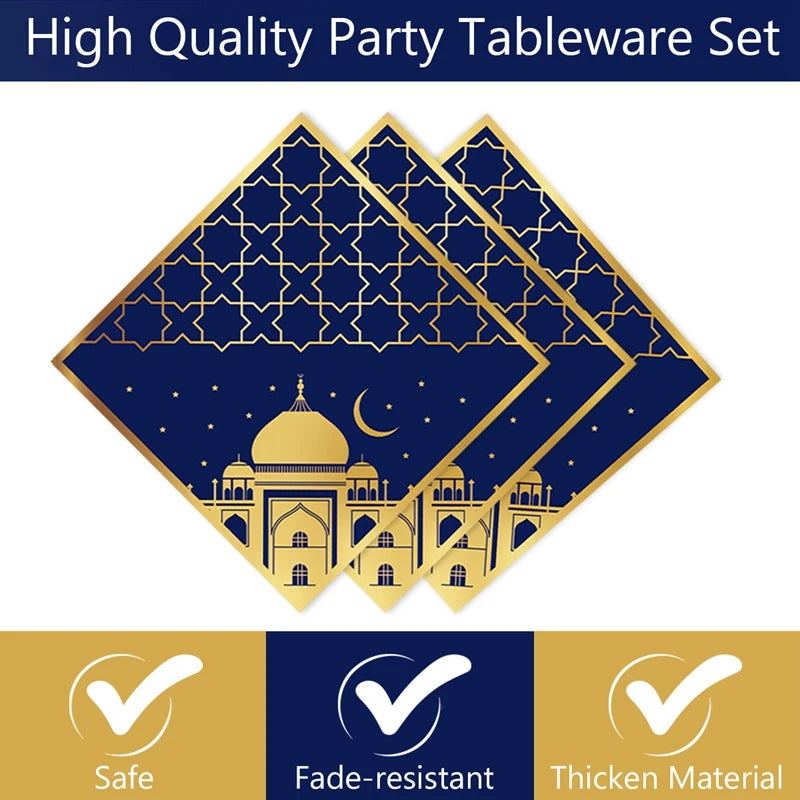 Blue Gold Eid Mubarak Ramadan Moon Festival Muslim Party Disposable Tableware Cups Plates Napkins Baby Shower Party Decorations