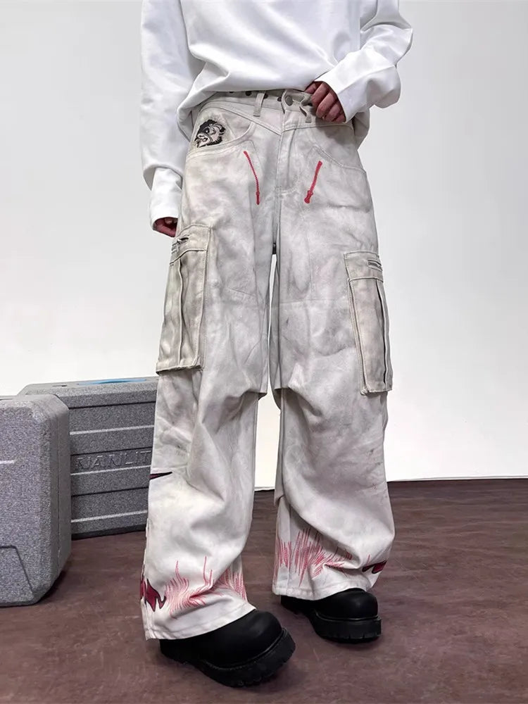 Cyber Y2K Streetwear Dirty Washed White Baggy Cargo Jeans Pants