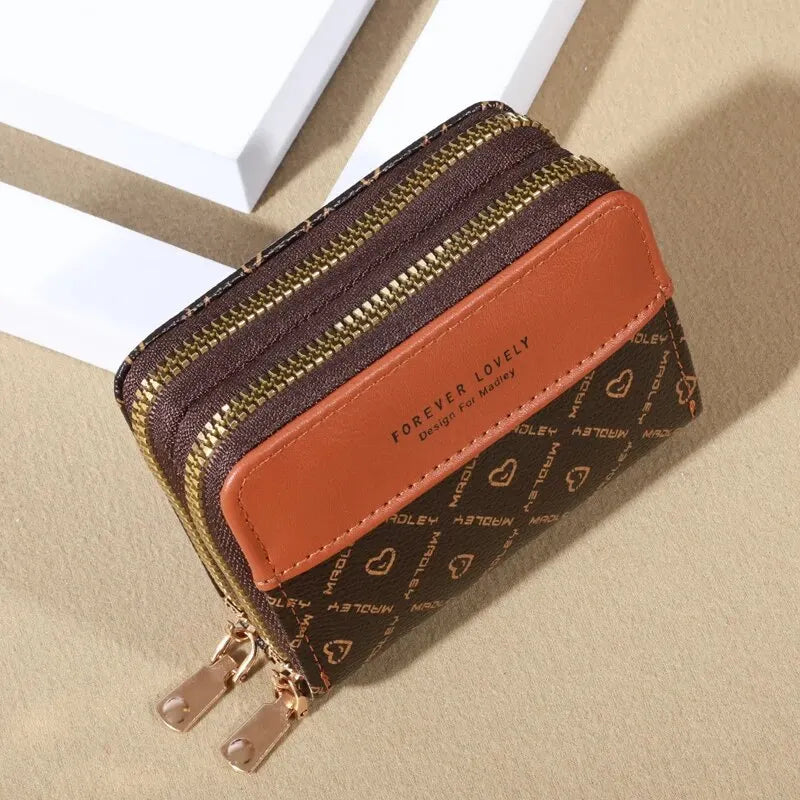 RFID Protection Mini Wallet - Chic Faux Leather with Double Zipper, Multiple Card Slots & Slip Pocket, Compact Classic Clutch