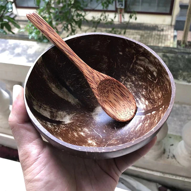 Kitchen Natural Coconut Bowl Set Wooden Salad Ramen Wood Spoon Coco Smoothie Tableware