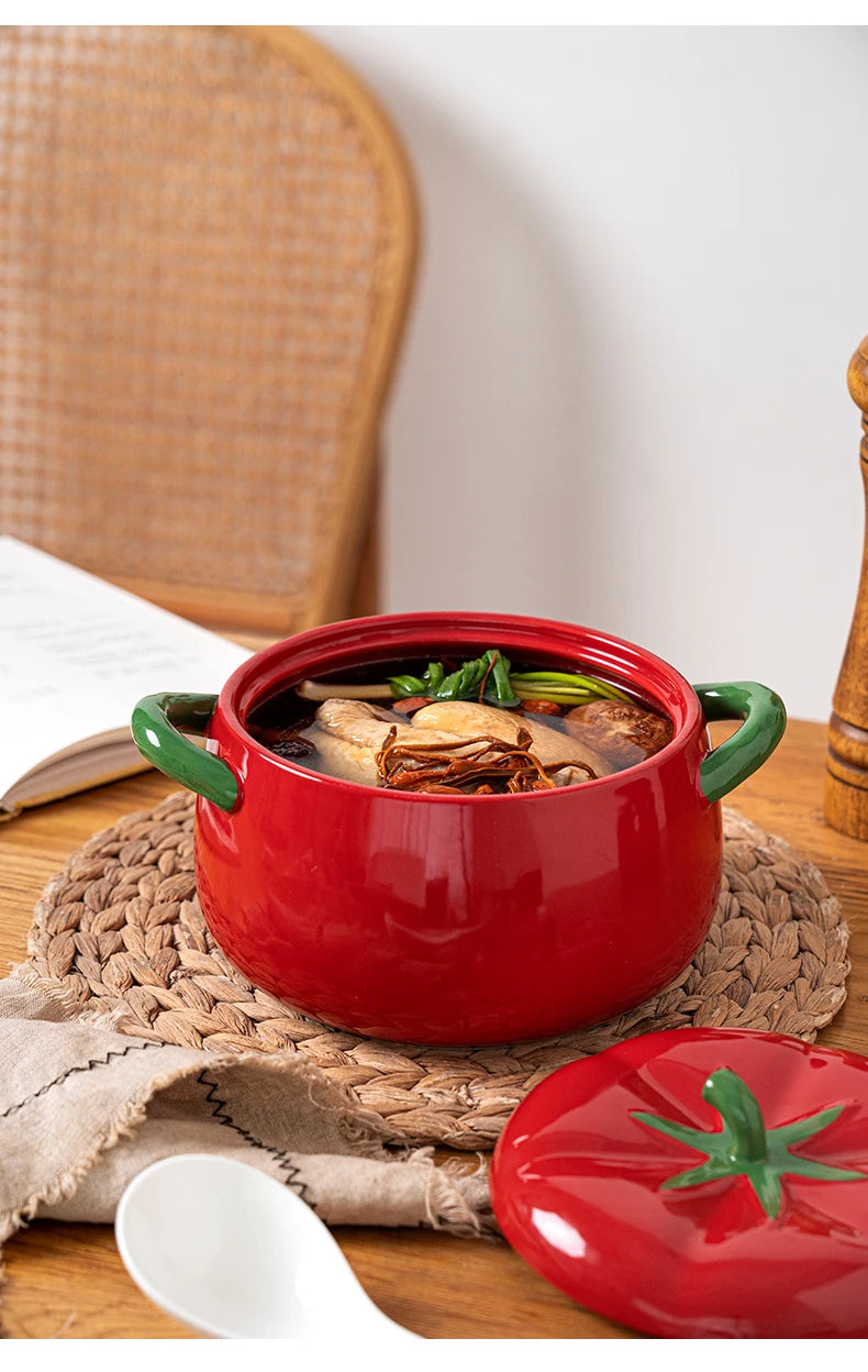 Double-Eared Ceramic Soup Bowl with Lid for Home Use Instant Noodles Bowl Lychee Noodles Special Utensils Student Dormitory