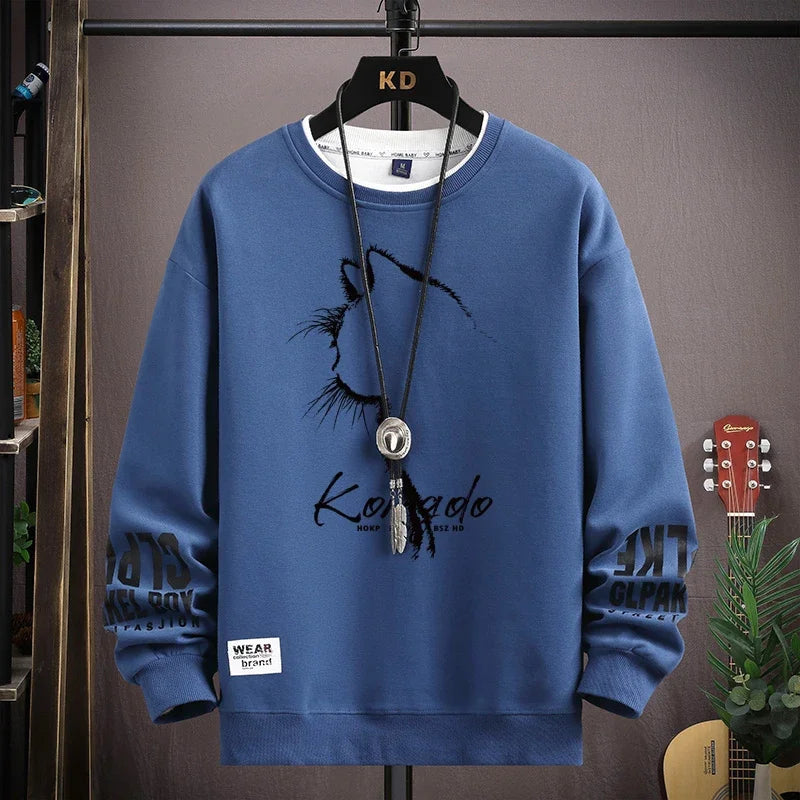 Autumn Men's Sweatshirt Sketch Cat Print Long Sleeve T-shirt Fashion Men's Clothing Black O Neck Harajuku Exclusive Design Top