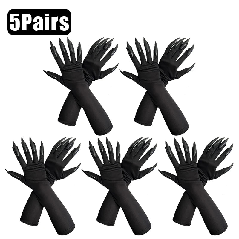 5/1pair Scary Long Nails Gloves Halloween Cosplay Ghost Claw Black Nails Finger Gloves Arm Sleeves Party Costumes Props Supplies