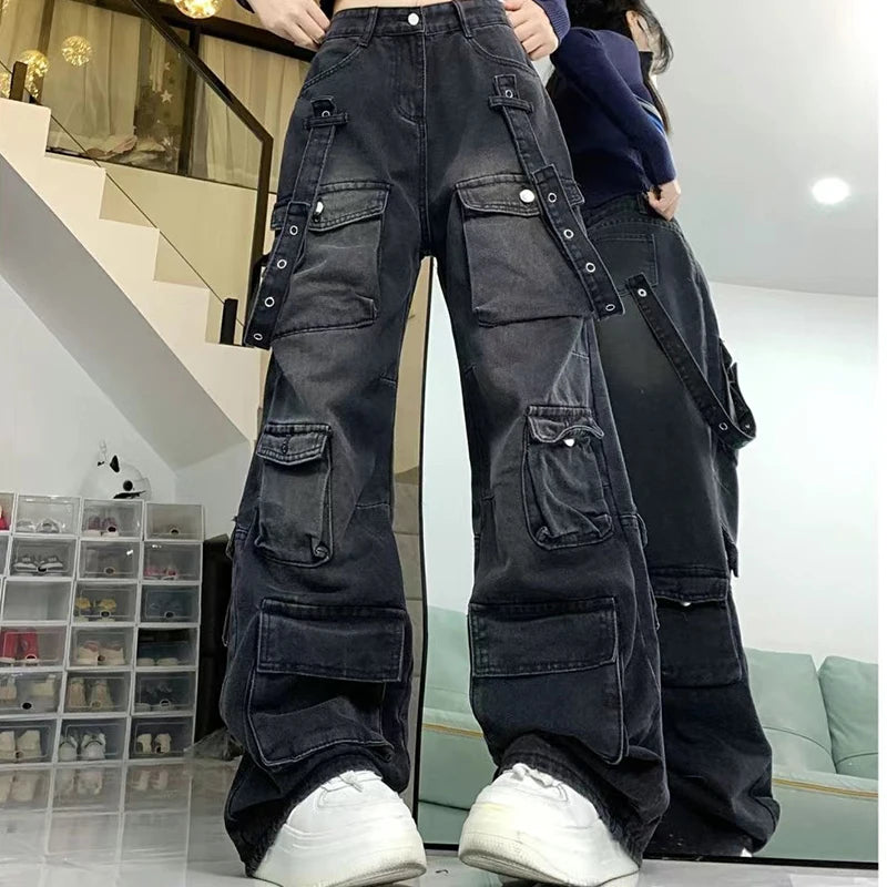 Women Y2K Japanese Streetwear Design Cargo Pants Denim Pants Long