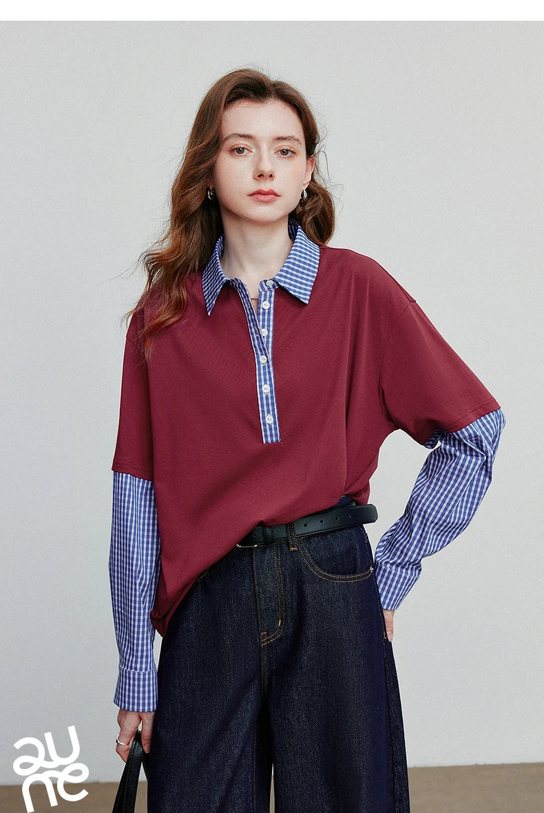 TOYOUTH Women Hoodies Sweatshirt 2025 Autumn New Spliced Fake Two Piece Polo Collar Striped Casual Pullover Tops