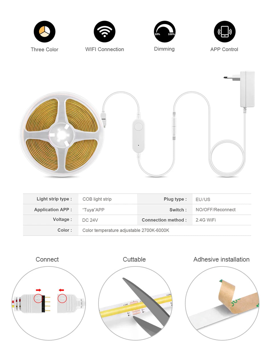 Tuya Smart WiFi Switch COB CCT LED Strip Light 3M 5M 24V Power Adapter EU/US Plug Dimmable Lamp LED Tape for Room Kitchen Decor