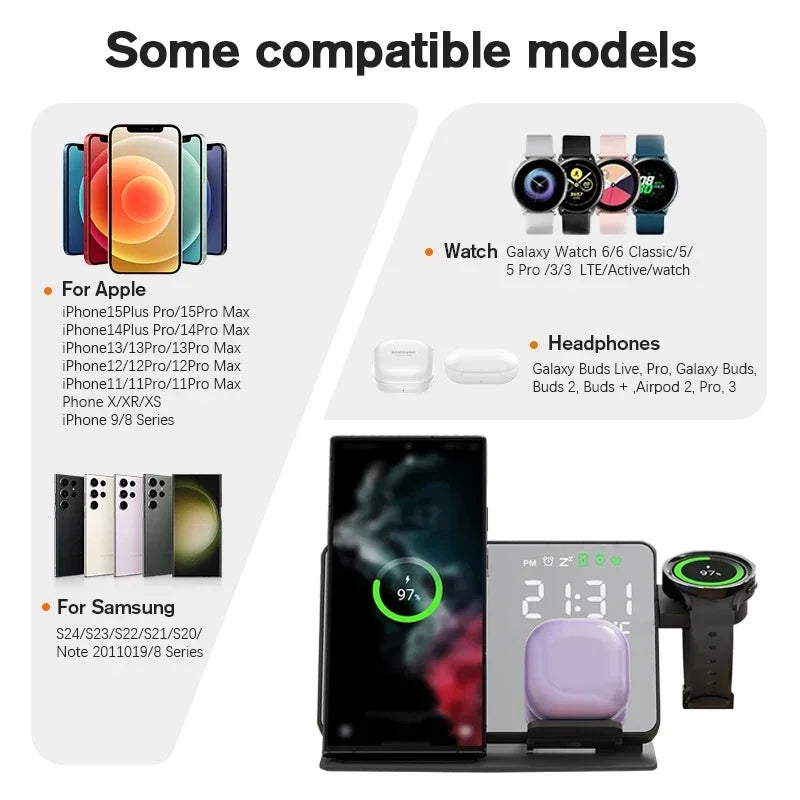 3 in 1 Wireless Charger For Apple Samsung Galaxy Watch 6 5 Pro S24 S23 S22 Fast Charging Station Alarm Clock Phone Charger Stand
