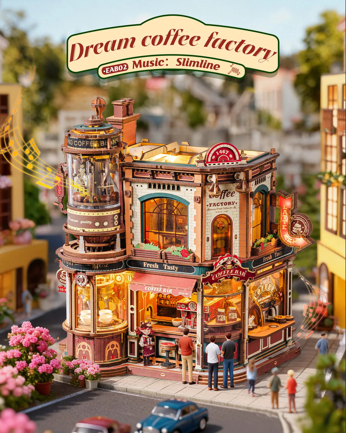 ROKR Wooden 3D Puzzle Dream Coffee Factory Music Box