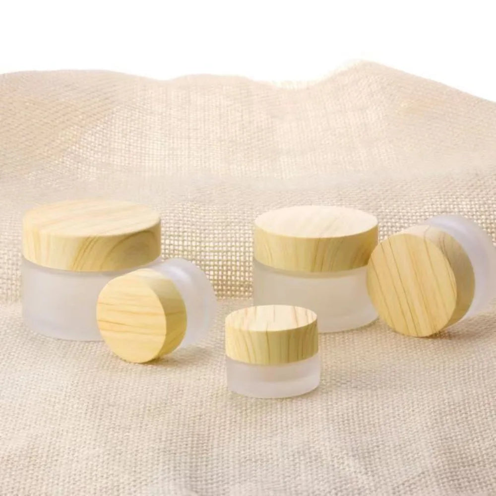 Durable Wood Grain Lid Frosted Glass Cream Jar Screw Cap Cosmetic Container Jar Cream Bottle Round Scrub Sub-bottling Skin Care