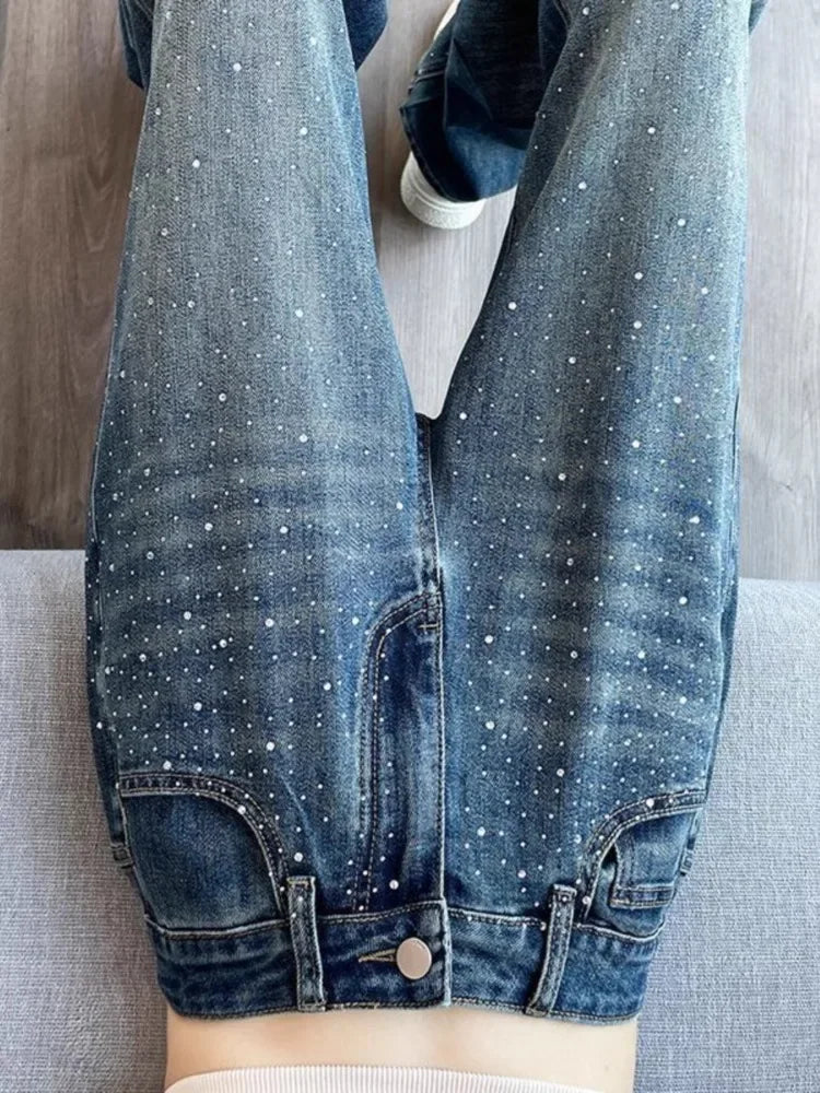 Fashion Y2K Hot Drilling Jeans High Waist Wide Leg Pants Spring
