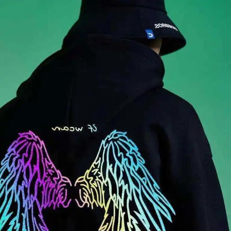 Reflective Male Hoodie Hip Hop Overfit New in No Brand Y2k Vintage Novelty and Simple 90s Tops Fleeced Men's Hooded Sweatshirt