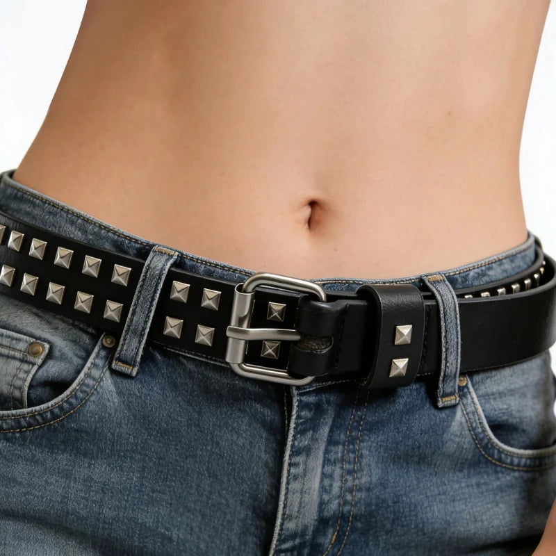 Fashion Square Bead Rivet Belt Metal Pyramid Belt Men and Women
