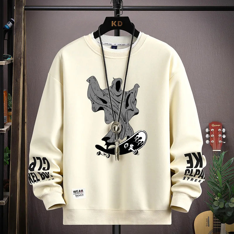 Spring  Autumn Men's Sweatshirt Japan Cartoon Cat Sportswear Long Sleeved O Neck T-shirt  Harajuku High Street Men Clothing 2024
