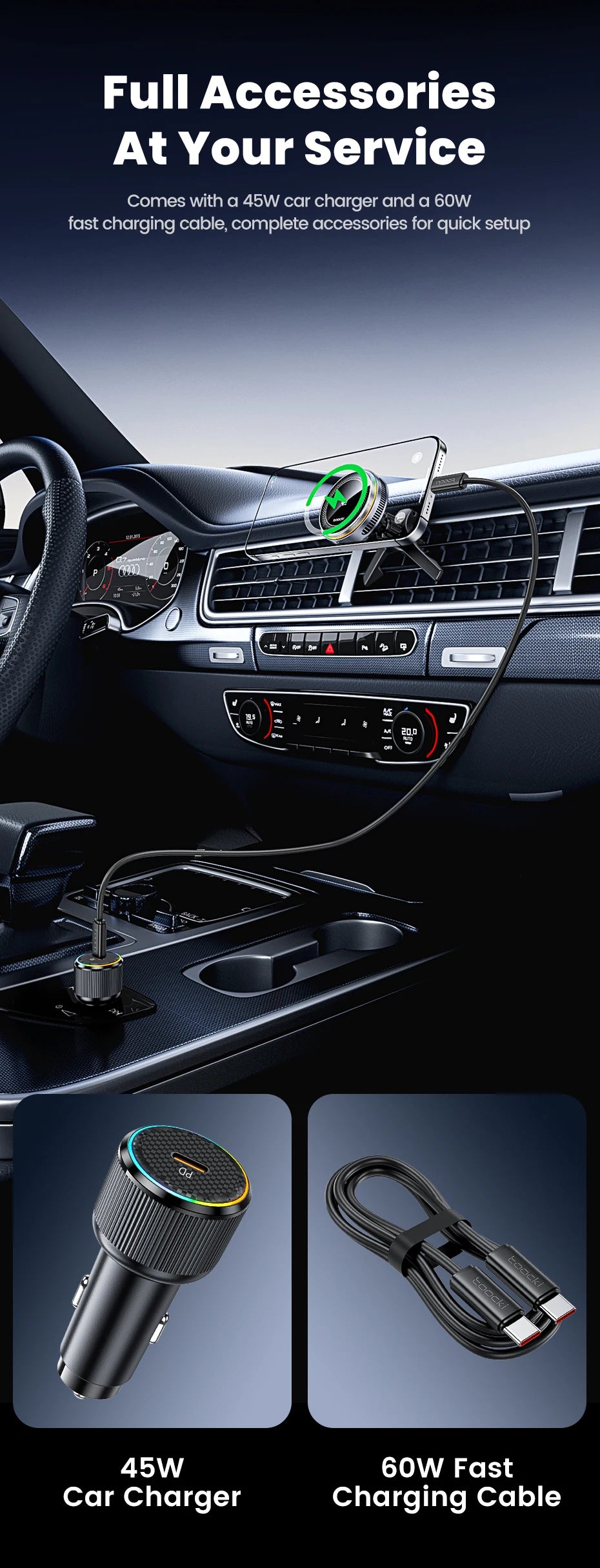 Toocki Qi2.2 25W Car Wireless Charger Phone Holder Stand TEC Cooling for iPhone 17 16 15 Pro Max Smasung S26 S25 Magsafe Charger