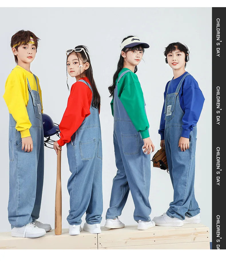 Boys Hip Hop Solid Sweatshirt Denim Loose Overalls Girls Crop Top Kids Dungaree Child Jumpsuit Street Dance Romper Streetwear