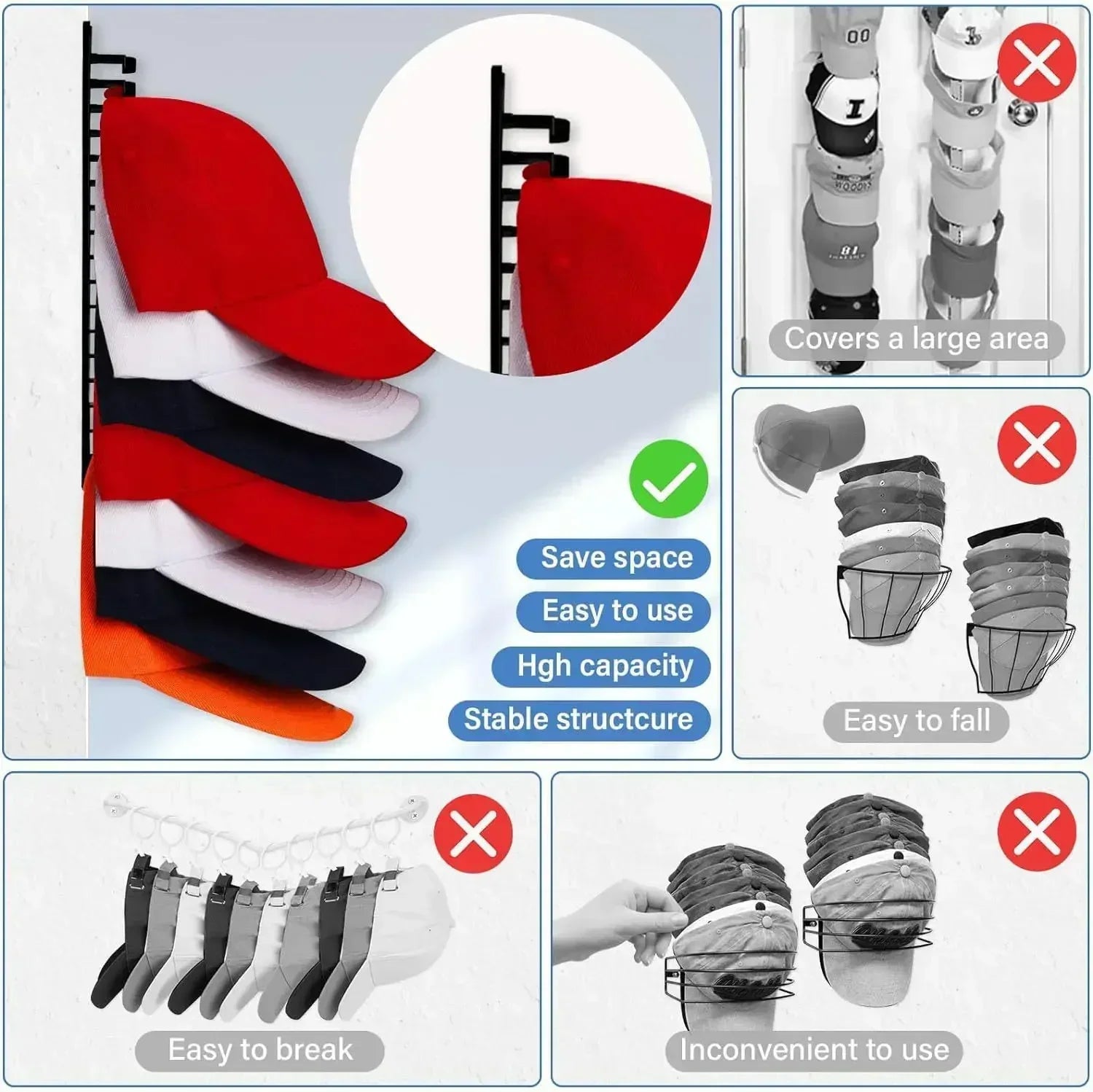 Hat Rack for Wall Stick-on Baseball Cap Storage Holder Display Hanger Hat Storage Organization Wall Mount for Bedroom Closet