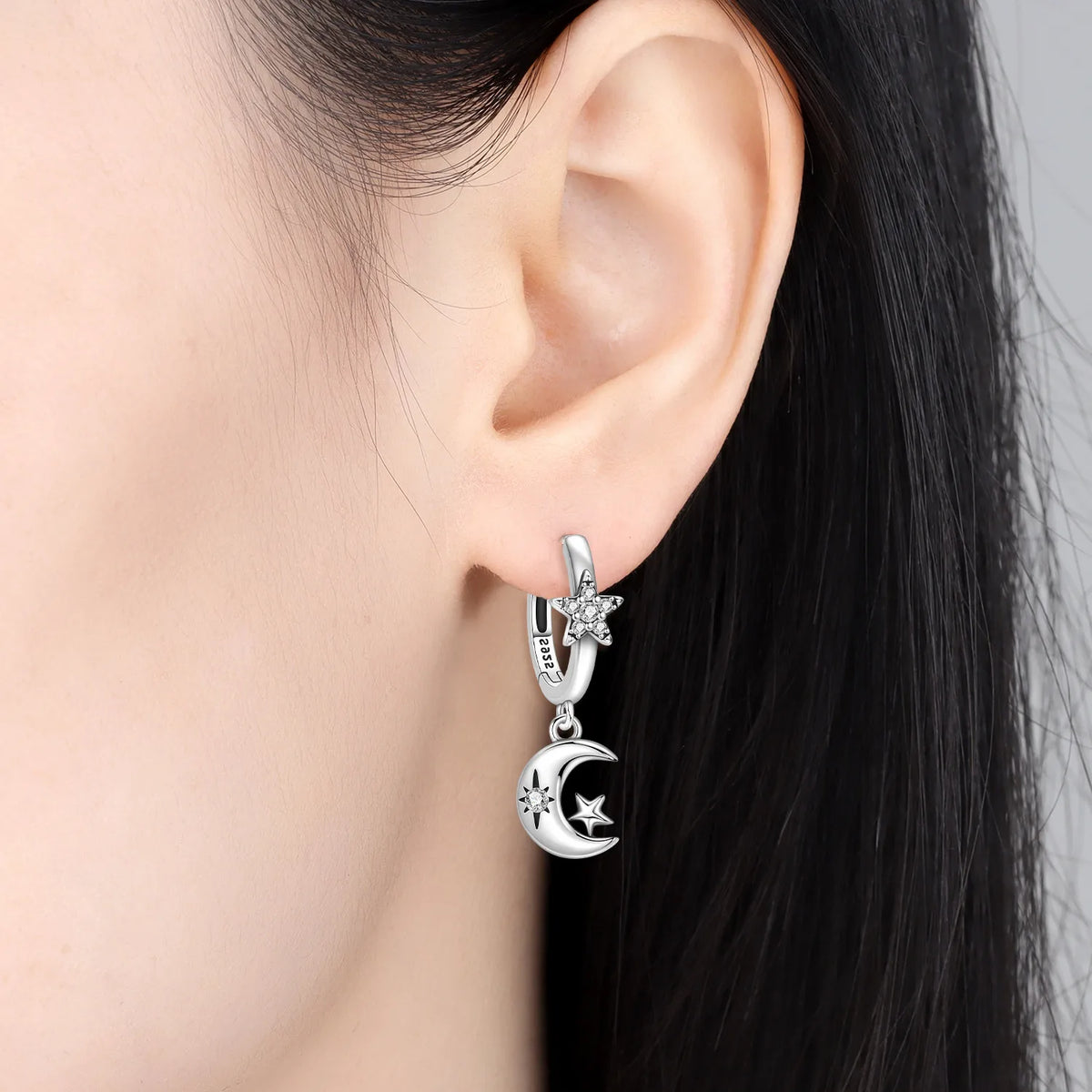 Y2K 925 Sterling Silver Asymmetric Design Star Moon Drop Earrings