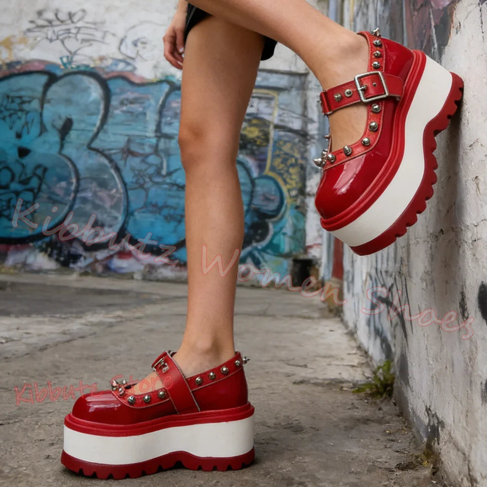 Mary Janes Pumps Platform Rivets Women Shoes Buckle-Strap
