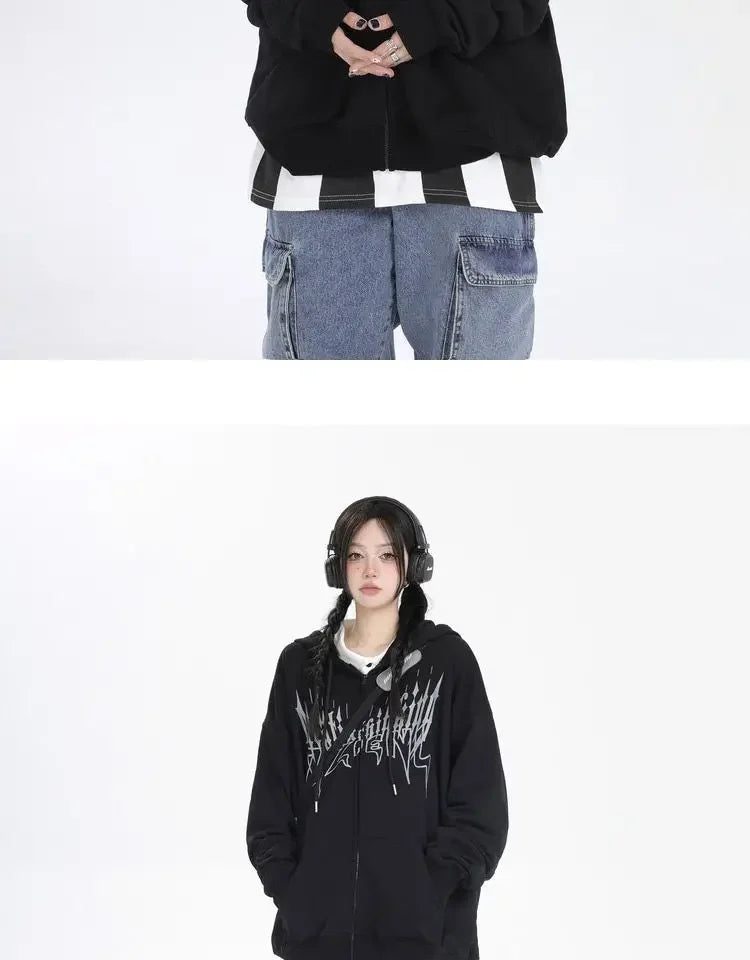 Japanese Zip Up Devil Horns Hoodies Women Harajuku Punk Gothic Sweatshirt Fairy Grunge Jacket Coat Streetwear Alt Emo Clothes