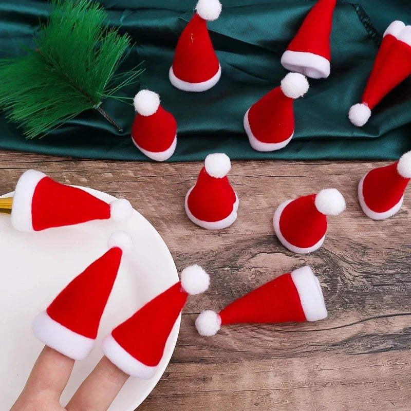 5-200Pcs Mini Santa Hat Non-Woven Fabric Lollipop Cap Christmas Wine Bottle Covers Xmas Bottles Holder Table Dinner Decorations