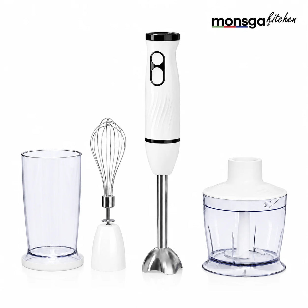 MONSGA Electric Immersion Hand Blender 4 in 1, 2 Speed Detachable Stick Mixer, Egg Whisk, Milk Frother, Vegetable Chopper, Meat Grinder, Juice Mixing Cup for Kitchen Smoothies Soup Baby Food