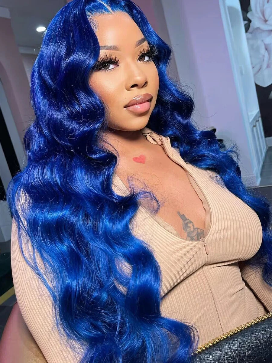 Navy Blue 13x6 Lace Front Body Wave Human Hair Wigs Brazilian Blue Colored HD Transparent Lace Front Wigs For Women Pre Plucked