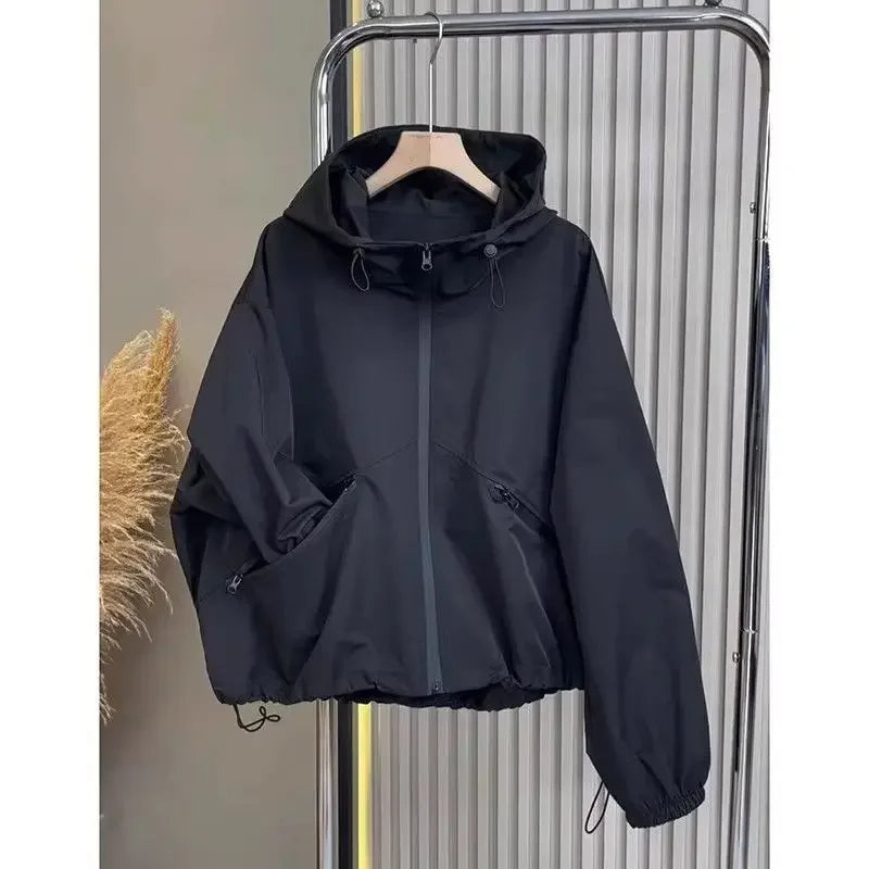 Korean black jacket jacket women's spring and summer new high-end fashion design temperament casual hooded jacket top.