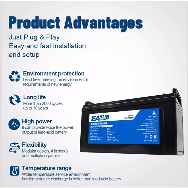 Easun Power Lifepo4 Battery 24V 100Ah Grade A 25.6V