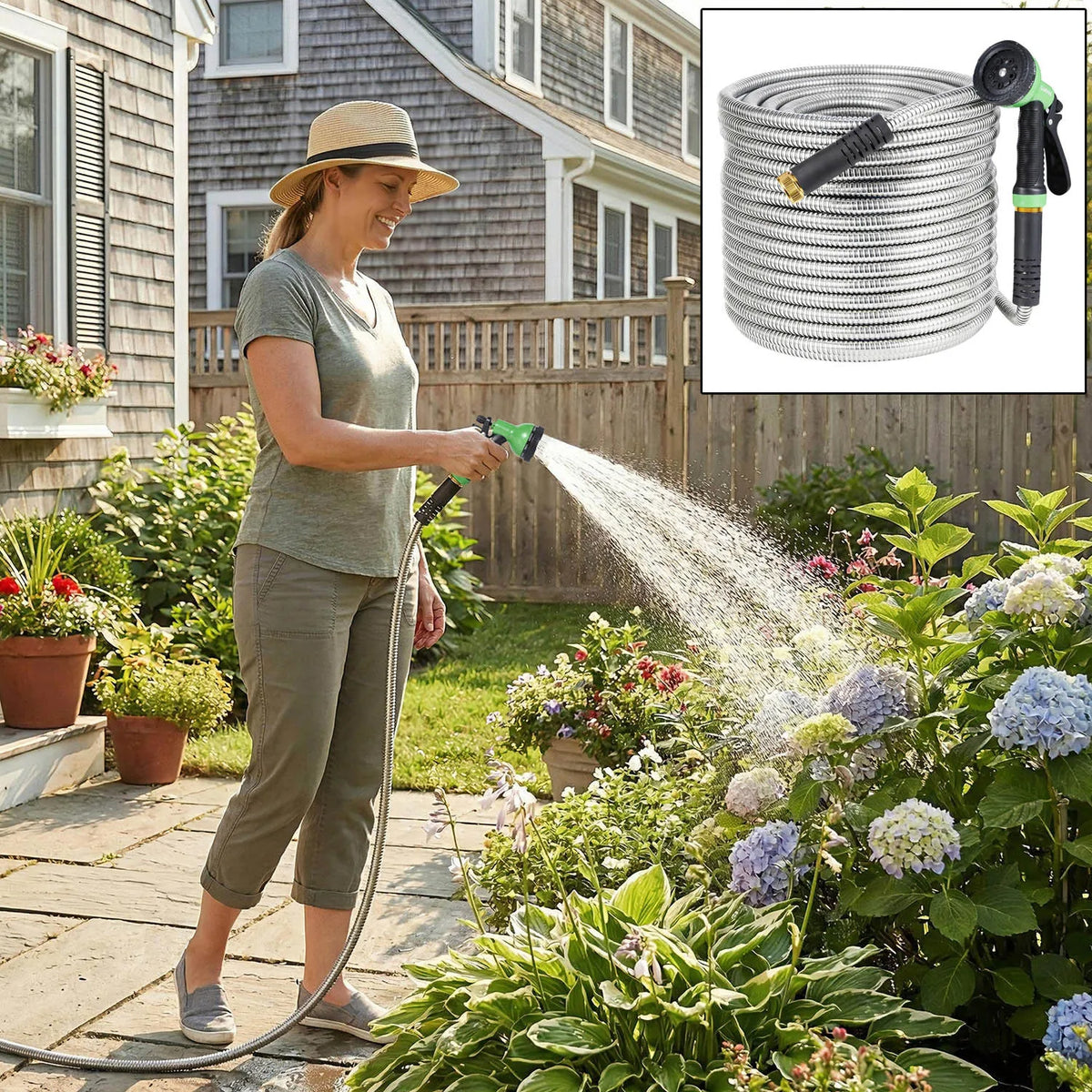 Heavy-Duty No-Kink Stainless Steel Garden Hose with 10-Design Leak-Proof