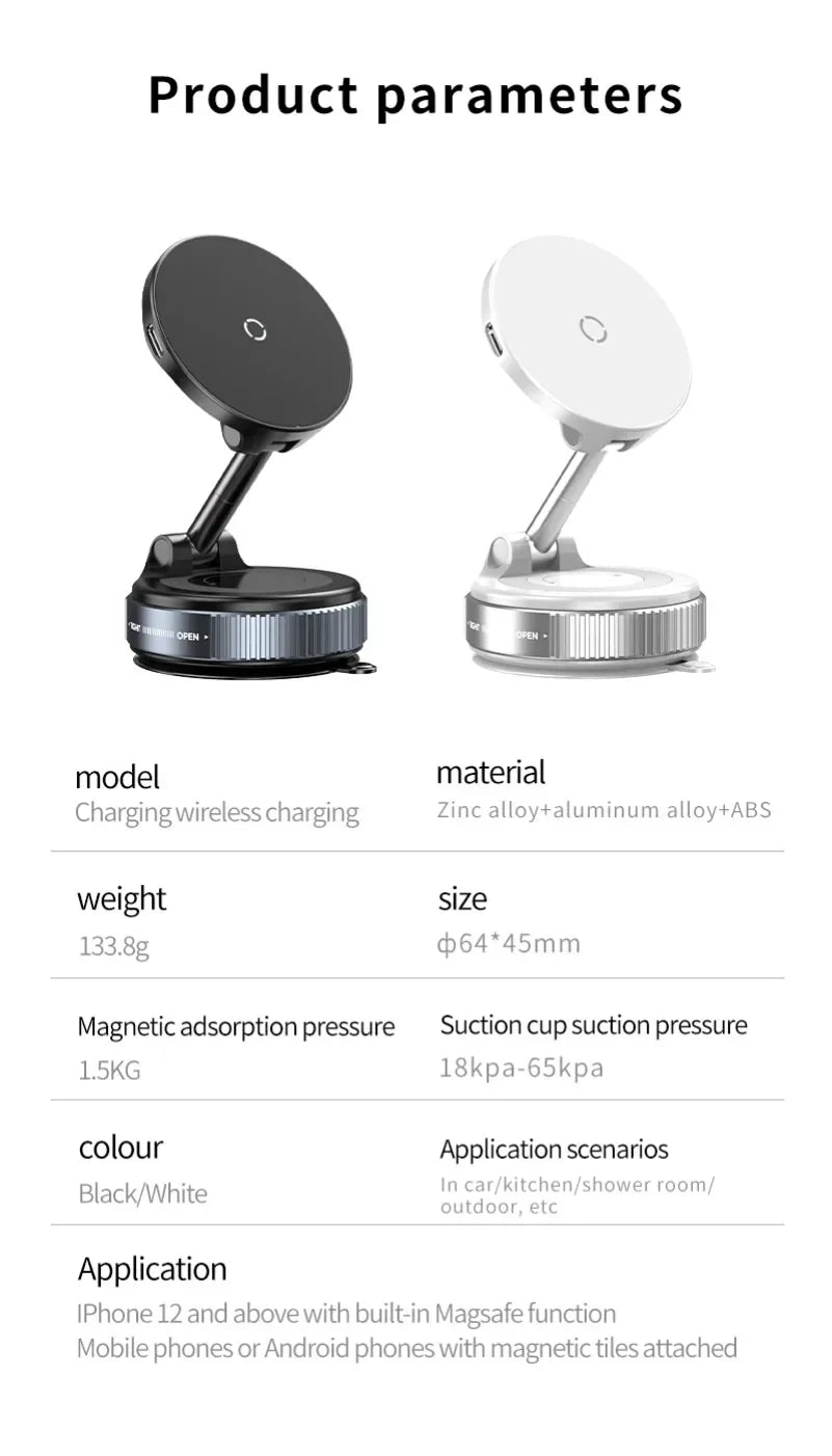 Car Magnetic Wireless Charger Phone Holder & 360° Rotation Vacuum Suction Cup Stand For iPhone 16 15 14 13 12 Fast Charging Dock