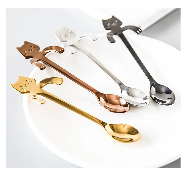 4pcs/set Stainless Steel Mini Cat Kitten Design Stainless Steel Coffee/Tea/Dessert/Drink/Mixing/Milkshake Spoon Flatware Gadgets