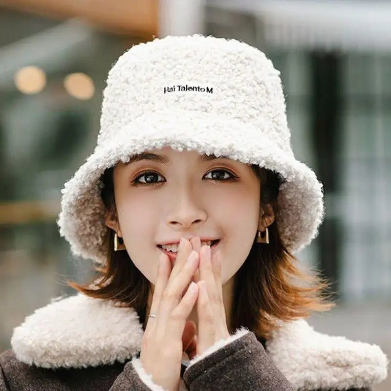 Korean Fisherman Hat Pure Color Warm Embroidered Letter Beanie Plush Light Weight Cap Unisex Casual Bucket Hat