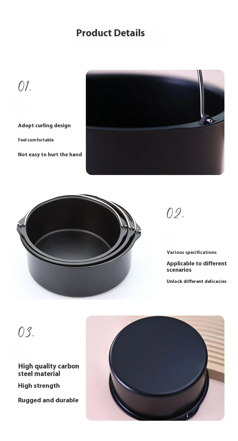 8-inch Round Hand-Held Nonstick Thickening Carbon Steel Air Fryer Cake Basket Baking Mold Barrel Household Baking Accessories