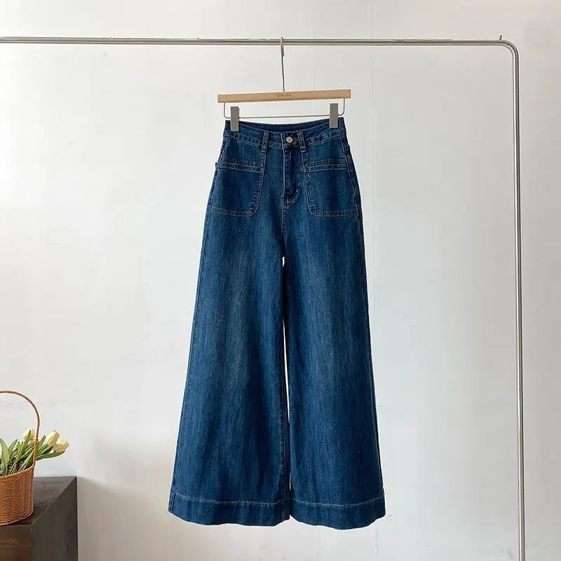 Korean Style White Denim Wide Leg Pants Women Autumn New High Waist Fashion Pockets Straight Trousers Casual Loose Denim Pants